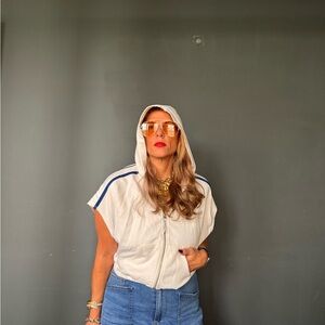 Z Supply White Hooded Zip-Up Vest with Blue Stripes